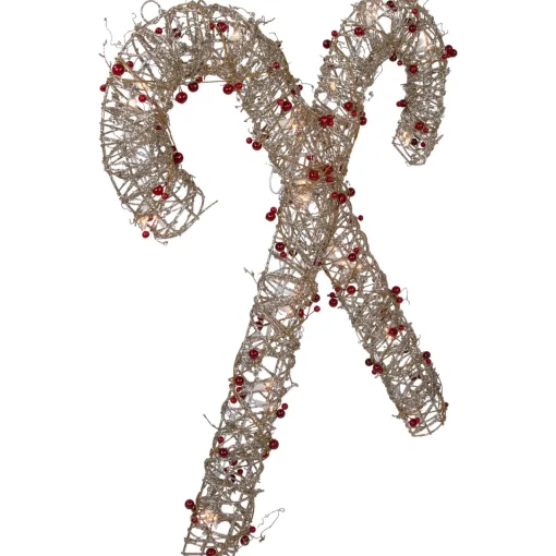 Online 25" Lighted Champagne Gold Glittered Rattan Double Candy Cane Christmas Outdoor or Window Decoration Candy