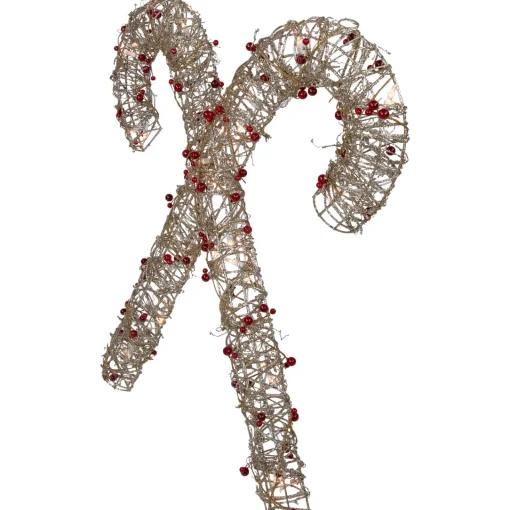 Online 25" Lighted Champagne Gold Glittered Rattan Double Candy Cane Christmas Outdoor or Window Decoration Candy