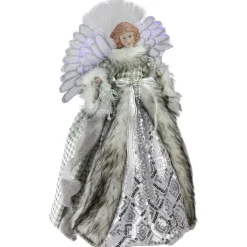 16" Lighted Fiber Optic Angel in Silver Gingham Coat Christmas Tree Topper Angels
