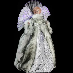 16" Lighted Fiber Optic Angel in Silver Gingham Coat Christmas Tree Topper Angels