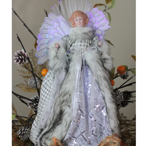 16" Lighted Fiber Optic Angel in Silver Gingham Coat Christmas Tree Topper Angels