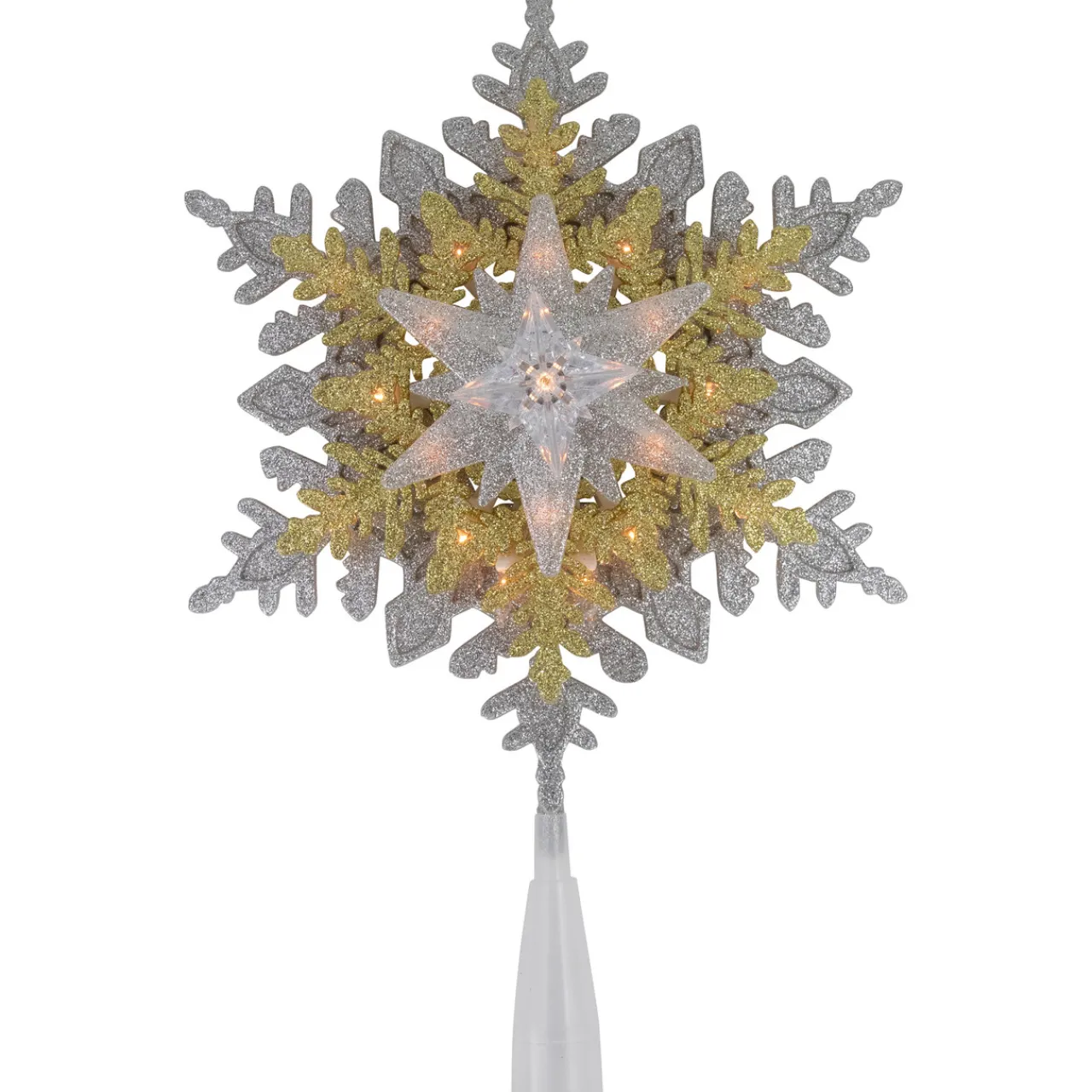 Best 13.75" Lighted Gold and Silver Snowflake Christmas Tree Topper, Clear Lights Snowflake
