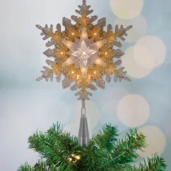 Best 13.75" Lighted Gold and Silver Snowflake Christmas Tree Topper, Clear Lights Snowflake