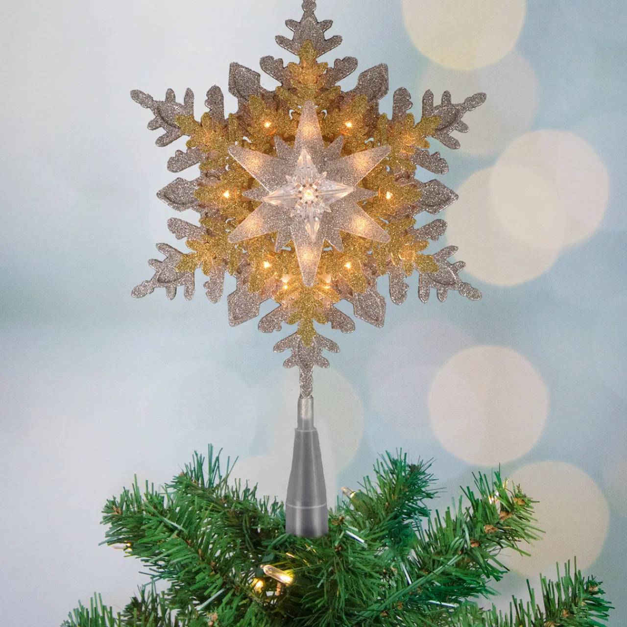 Best 13.75" Lighted Gold and Silver Snowflake Christmas Tree Topper, Clear Lights Snowflake