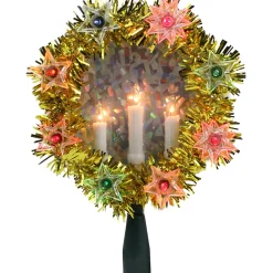 New 7" Lighted Gold Tinsel Wreath with Candles Christmas Tree Topper - Multi Lights Stars