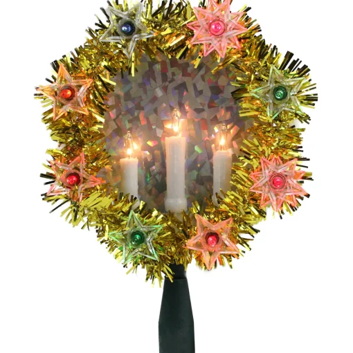 New 7" Lighted Gold Tinsel Wreath with Candles Christmas Tree Topper - Multi Lights Stars