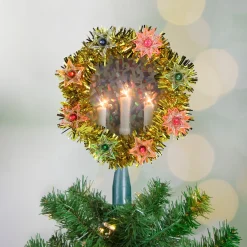 New 7" Lighted Gold Tinsel Wreath with Candles Christmas Tree Topper - Multi Lights Stars