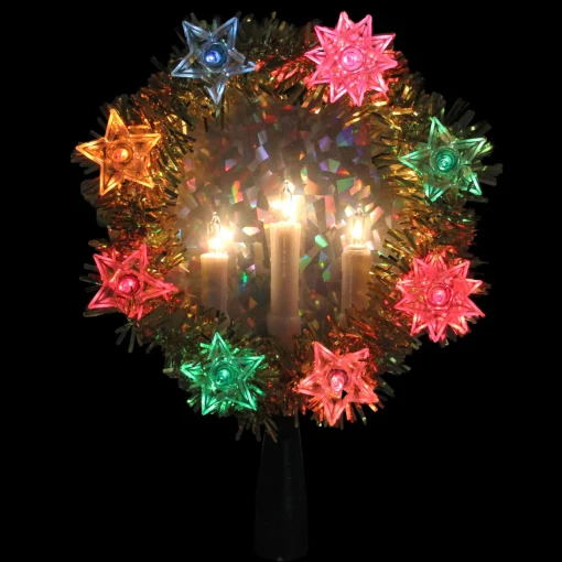 New 7" Lighted Gold Tinsel Wreath with Candles Christmas Tree Topper - Multi Lights Stars