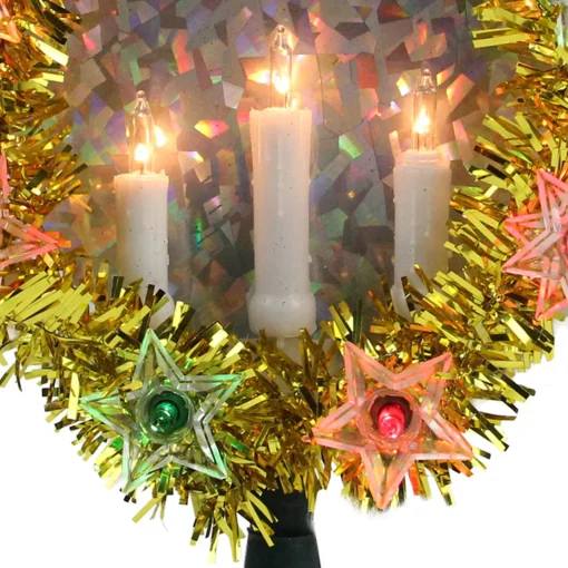 New 7" Lighted Gold Tinsel Wreath with Candles Christmas Tree Topper - Multi Lights Stars