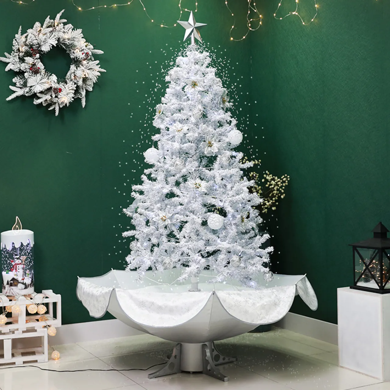 Clearance 6' Lighted Musical Snowing Artificial Tinsel Christmas Tree, White LED Lights Snowing