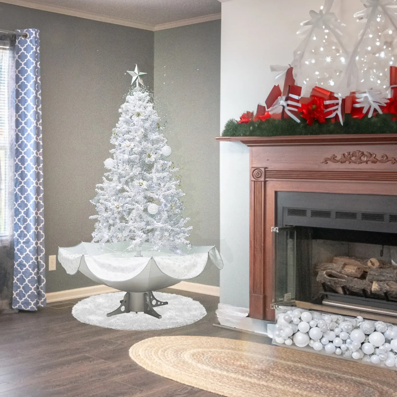 Clearance 6' Lighted Musical Snowing Artificial Tinsel Christmas Tree, White LED Lights Snowing