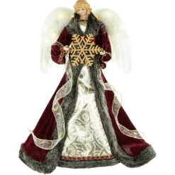 Discount 18" Lighted Red and Gold Angel in a Dress Christmas Tree Topper - Warm White Lights Angels