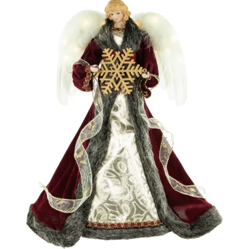 Discount 18" Lighted Red and Gold Angel in a Dress Christmas Tree Topper - Warm White Lights Angels