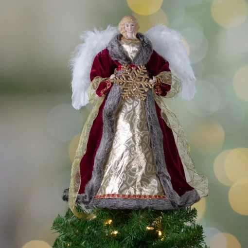 Discount 18" Lighted Red and Gold Angel in a Dress Christmas Tree Topper - Warm White Lights Angels