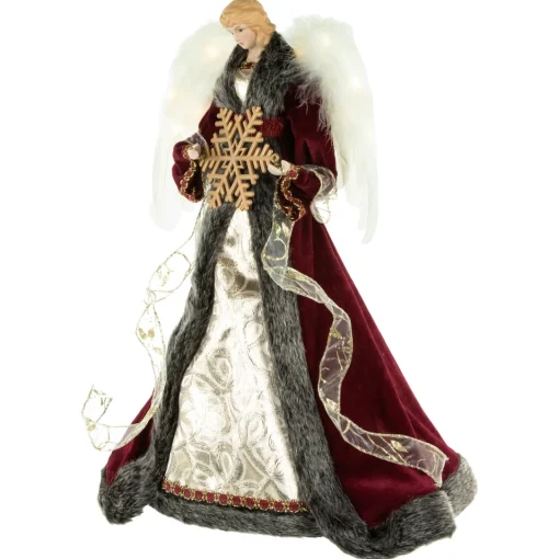 Discount 18" Lighted Red and Gold Angel in a Dress Christmas Tree Topper - Warm White Lights Angels