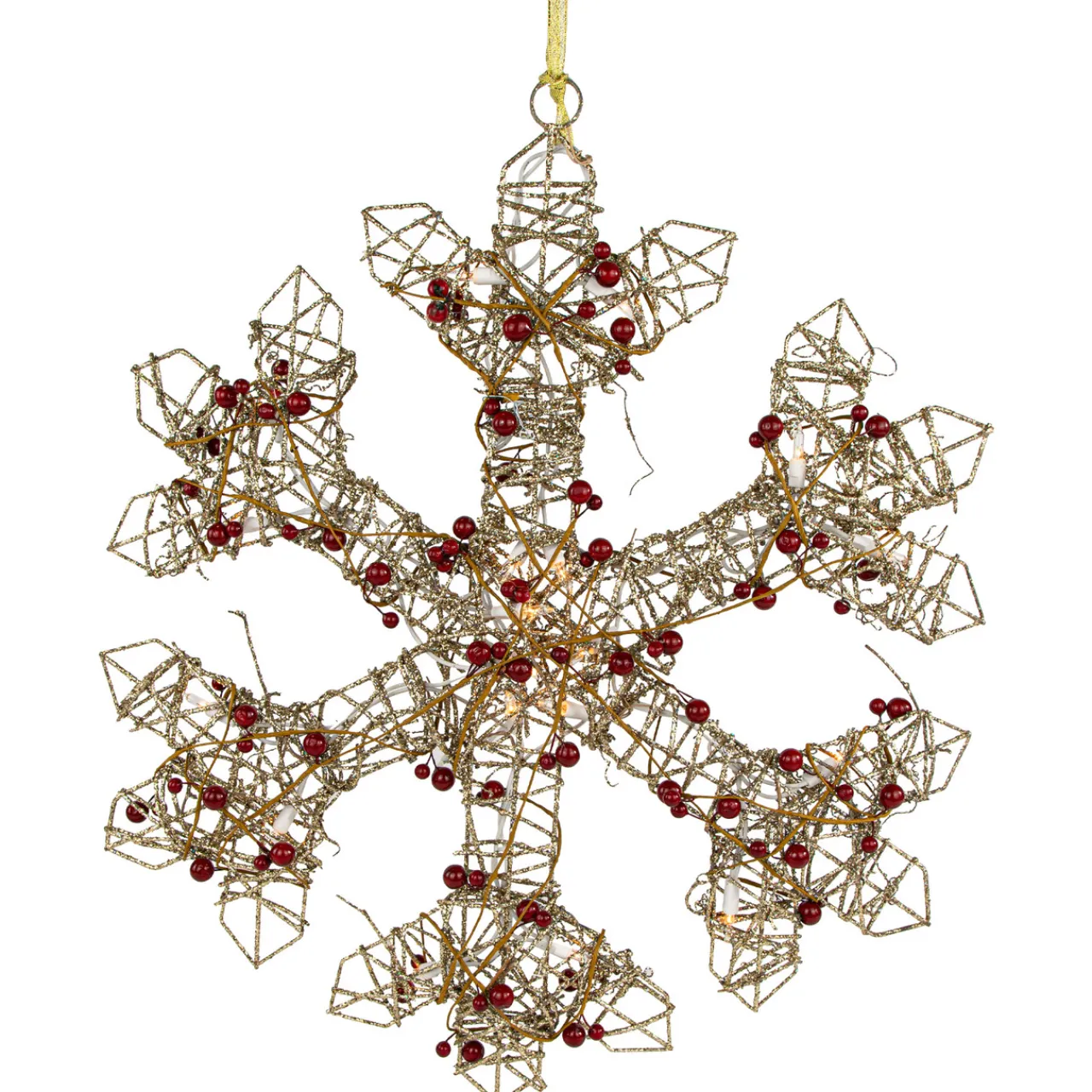 19" Lighted Silver Glittered Berry Rattan Snowflake Christmas Window Decoration Window