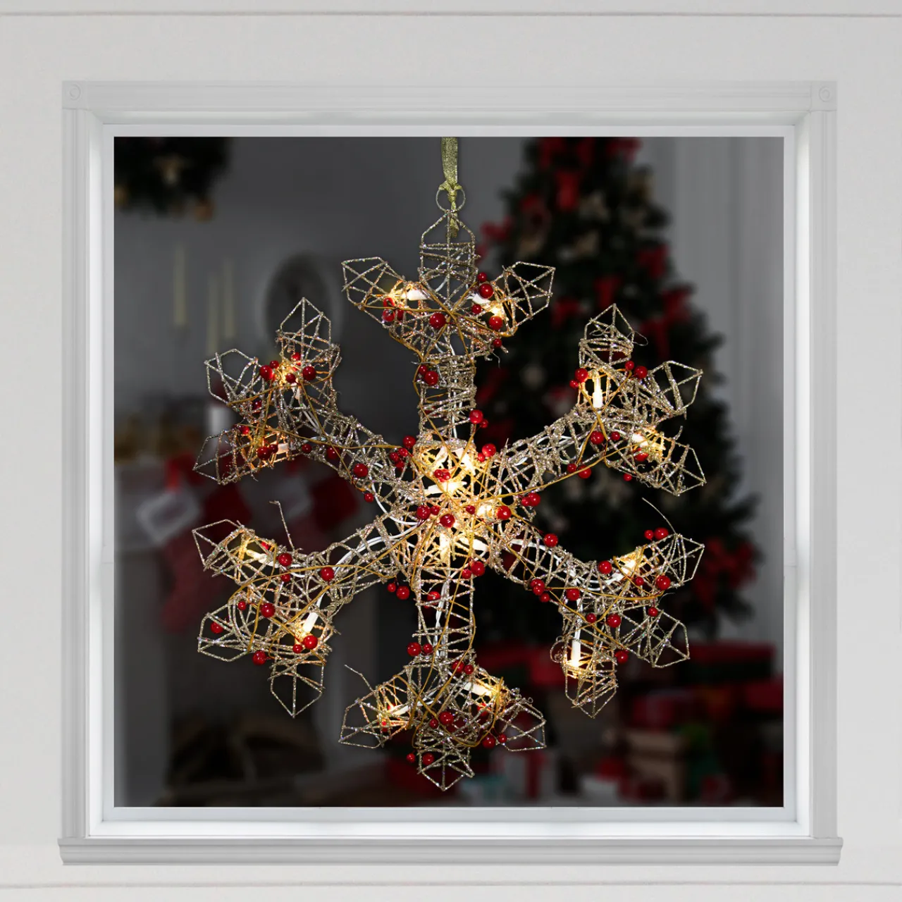 19" Lighted Silver Glittered Berry Rattan Snowflake Christmas Window Decoration Window