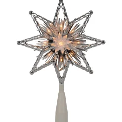 Outlet 8" Lighted Silver Tinsel Star Christmas Tree Topper - Clear Lights, White Wire Stars