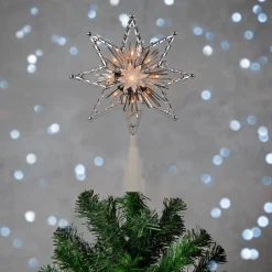 Outlet 8" Lighted Silver Tinsel Star Christmas Tree Topper - Clear Lights, White Wire Stars