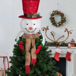 Clearance 21.5" Lighted Snowman with Red Top Hat Christmas Tree Topper Stars
