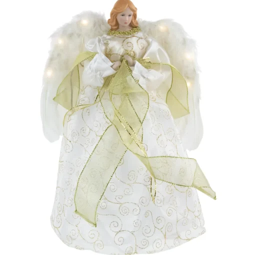 Best 14" Lighted White and Gold Angel in a Dress Christmas Tree Topper - Warm White Lights Angels