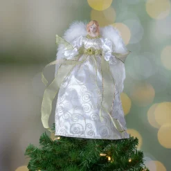 Best 14" Lighted White and Gold Angel in a Dress Christmas Tree Topper - Warm White Lights Angels