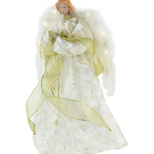 Best 14" Lighted White and Gold Angel in a Dress Christmas Tree Topper - Warm White Lights Angels