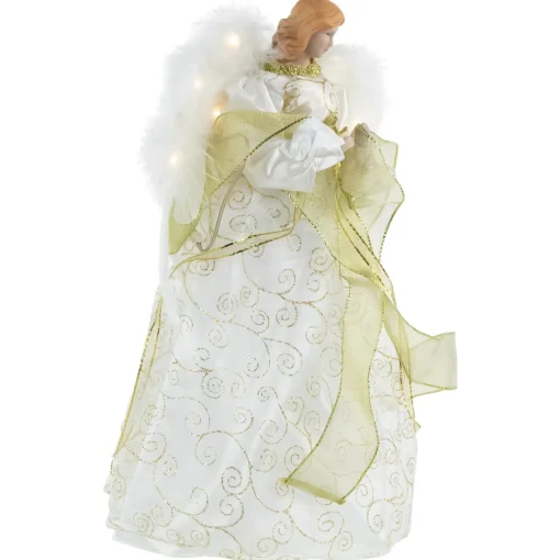 Best 14" Lighted White and Gold Angel in a Dress Christmas Tree Topper - Warm White Lights Angels