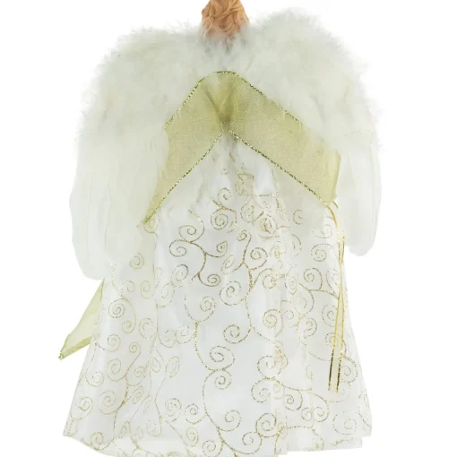 Best 14" Lighted White and Gold Angel in a Dress Christmas Tree Topper - Warm White Lights Angels