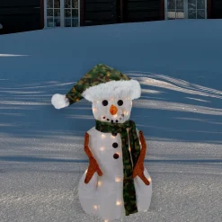 Best 24" Lighted White and Green Chenille Snowman Outdoor Christmas Decoration Snowmen