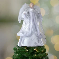 Outlet 18" Lighted White and Silver Angel in a Dress Christmas Tree Topper - Warm White Lights Angels