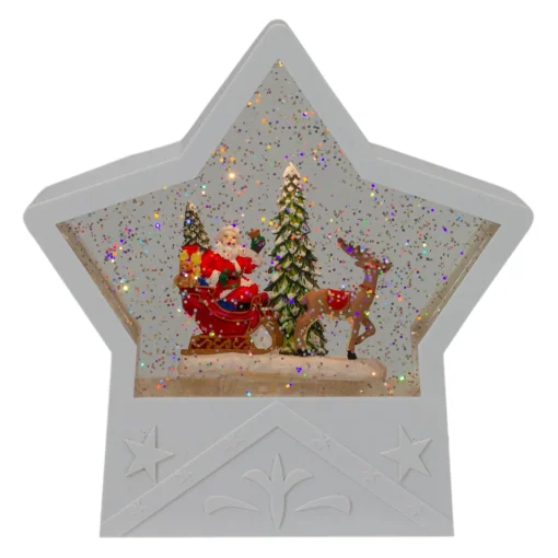 Outlet 7" Lighted White Star Christmas Snow Globe with Santa in Sleigh Snow Globes