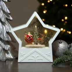 Outlet 7" Lighted White Star Christmas Snow Globe with Santa in Sleigh Snow Globes
