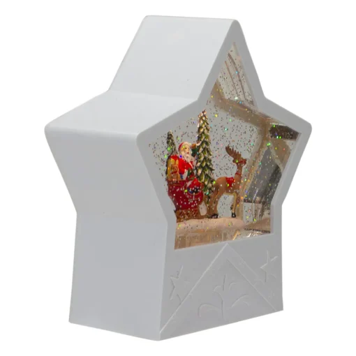 Outlet 7" Lighted White Star Christmas Snow Globe with Santa in Sleigh Snow Globes