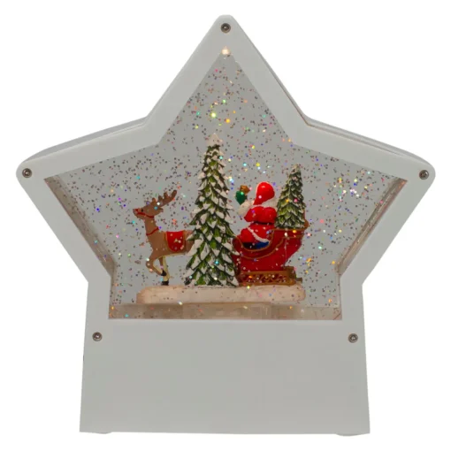 Outlet 7" Lighted White Star Christmas Snow Globe with Santa in Sleigh Snow Globes