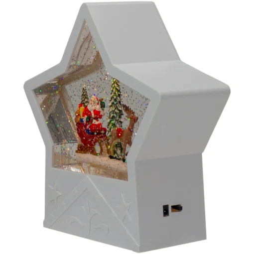 Outlet 7" Lighted White Star Christmas Snow Globe with Santa in Sleigh Snow Globes