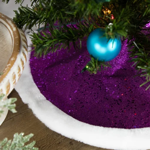 New 20" Magenta Glittered Mini Christmas Tree Skirt with White Fur Trim Cloth|Metal