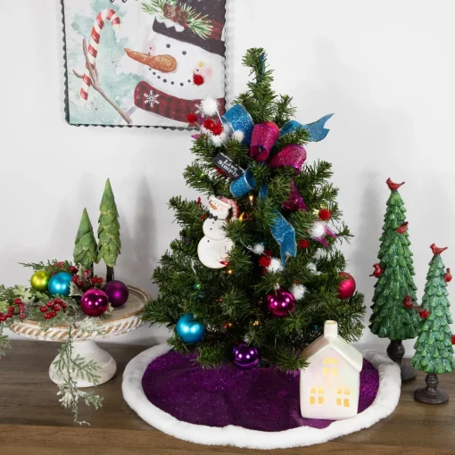 New 20" Magenta Glittered Mini Christmas Tree Skirt with White Fur Trim Cloth|Metal