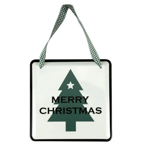 8" Merry Christmas Metal Wall Sign with Green Check Ribbon Wall