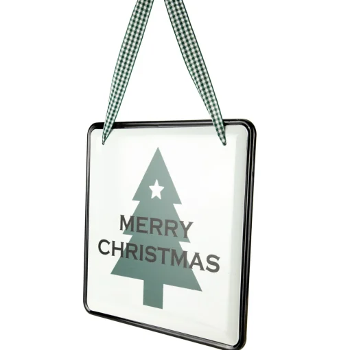 8" Merry Christmas Metal Wall Sign with Green Check Ribbon Wall