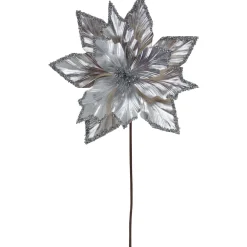 Outlet 24" Metallic Silver Poinsettia Christmas Stem Spray Sprays, Picks & Branches