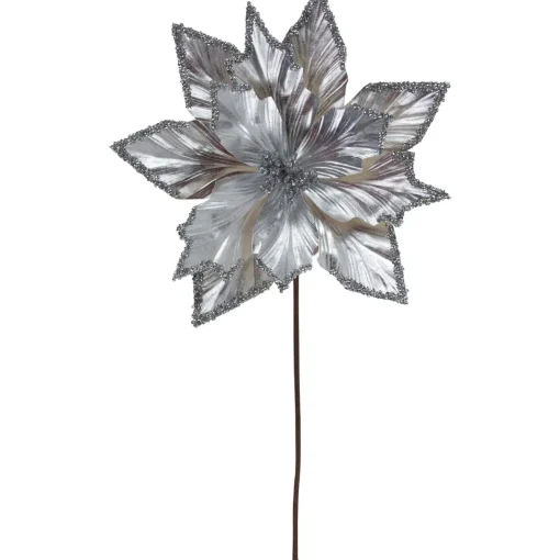 Outlet 24" Metallic Silver Poinsettia Christmas Stem Spray Sprays, Picks & Branches
