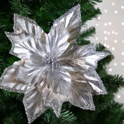 Outlet 24" Metallic Silver Poinsettia Christmas Stem Spray Sprays, Picks & Branches