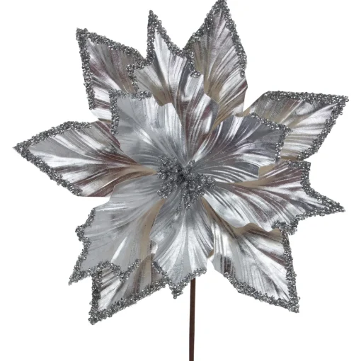 Outlet 24" Metallic Silver Poinsettia Christmas Stem Spray Sprays, Picks & Branches