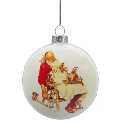 Hot 3" Norman Rockwell 'Santa and His Helpers' Glass Christmas Disc Ornament Disk Ornaments