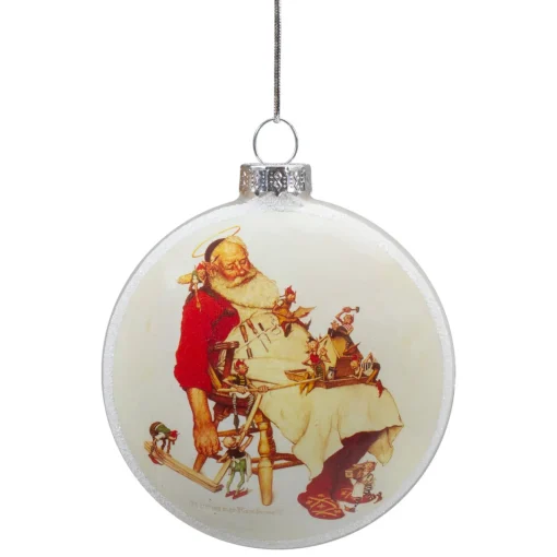 Hot 3" Norman Rockwell 'Santa and His Helpers' Glass Christmas Disc Ornament Disk Ornaments