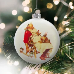 Hot 3" Norman Rockwell 'Santa and His Helpers' Glass Christmas Disc Ornament Disk Ornaments