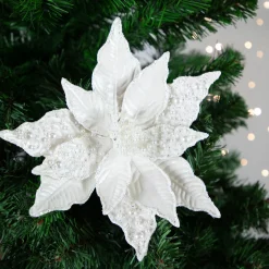 Clearance 22" Pearl White Glittered Poinsettia Christmas Stem Spray Poinsettias