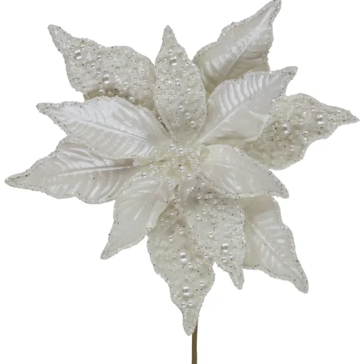 Clearance 22" Pearl White Glittered Poinsettia Christmas Stem Spray Poinsettias