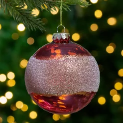 4" Pink and Gold Glitter Frosted Glass Ball Christmas Ornament Glass|Ball Ornaments